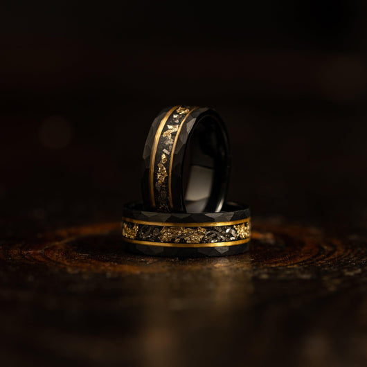 Black w/ Meteorite & Gold Leaf Tungsten Ring