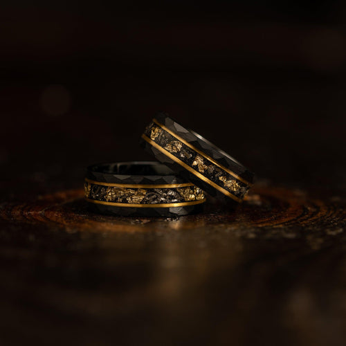 Black w/ Meteorite & Gold Leaf Tungsten Ring
