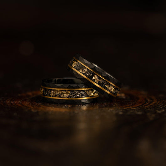 Black w/ Meteorite & Gold Leaf Tungsten Ring