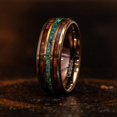 Whisky Barrel x Green/Blue Opal Rose Gold Tungsten Ring