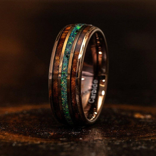 Whisky Barrel x Green/Blue Opal Rose Gold Tungsten Ring