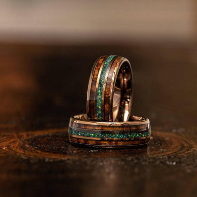 Whisky Barrel x Green/Blue Opal Rose Gold Tungsten Ring