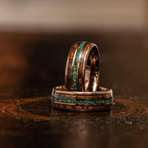 Whisky Barrel x Green/Blue Opal Rose Gold Tungsten Ring