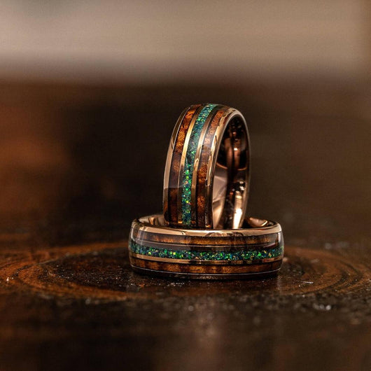 Whisky Barrel x Green/Blue Opal Rose Gold Tungsten Ring