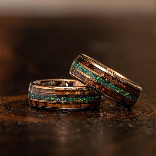 Whisky Barrel x Green/Blue Opal Rose Gold Tungsten Ring