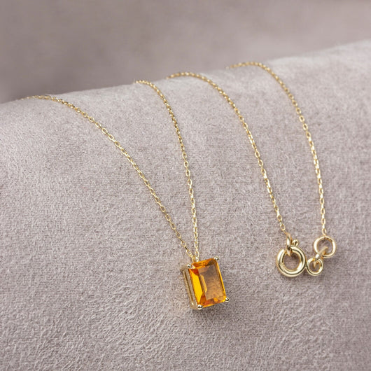 Rectangle Citrine Necklace 14K Solid Gold,