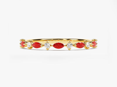 14k Solid Gold Marquise Birthstone Band / Alternating Marquise & Round Gemstone Ring for Women / Personalized Birthday Gift Rings