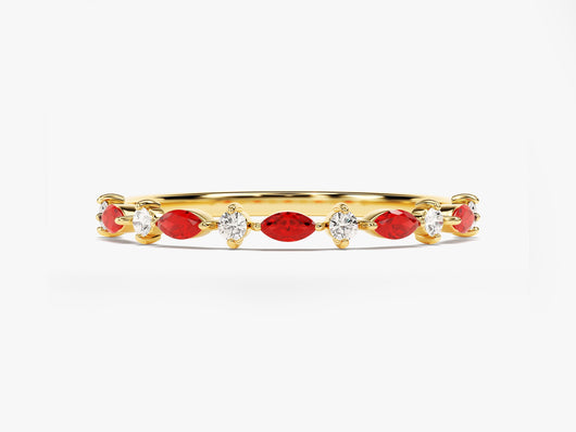 14k Solid Gold Marquise Birthstone Band / Alternating Marquise & Round Gemstone Ring for Women / Personalized Birthday Gift Rings