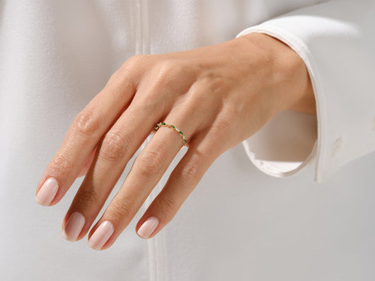 14k Solid Gold Marquise Birthstone Band / Alternating Marquise & Round Gemstone Ring for Women / Personalized Birthday Gift Rings