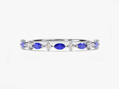 14k Solid Gold Marquise Birthstone Band / Alternating Marquise & Round Gemstone Ring for Women / Personalized Birthday Gift Rings