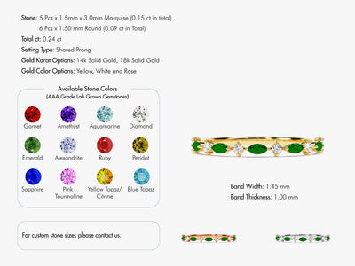 14k Solid Gold Marquise Birthstone Band / Alternating Marquise & Round Gemstone Ring for Women / Personalized Birthday Gift Rings