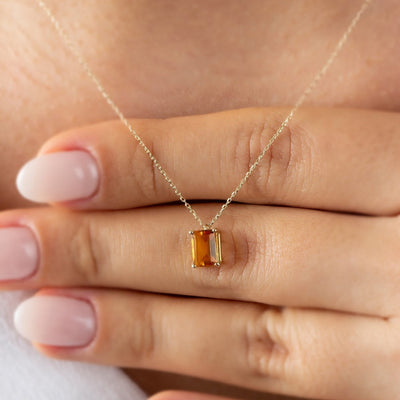 Rectangle Citrine Necklace 14K Solid Gold,