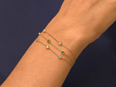 14k Solid Gold Emerald Station Bracelet / Personalized Family Bracelet / Multi Birthstone Bracelet / Custom Made Birthstone Gifts for Women