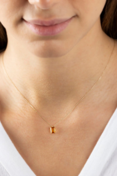 Rectangle Citrine Necklace 14K Solid Gold,